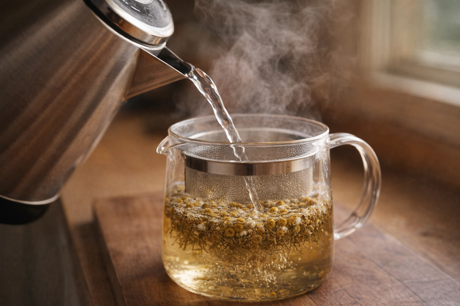 A close-up shot of hot water being poured from a kettle into a glass tea infuser filled with chamomile flowers, steam rising, warm lighting